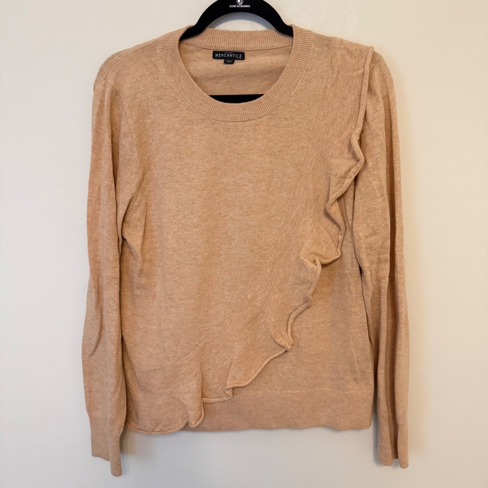 J.Crew Mercantile Womens Tan Camel Ruffle Front Cotton Wool Blend Sweater Large